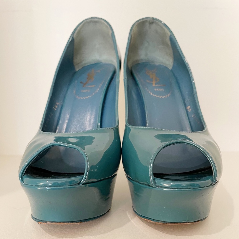 Yves Saint Laurent Palais Patent Leather Peep Toe Heels Teal Blue Size 36.5 - Picture 11 of 15